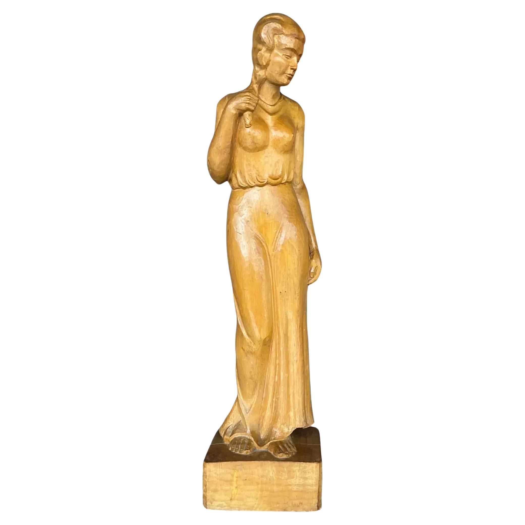 Vintage Boho Carved Sculpture of Woman For Sale