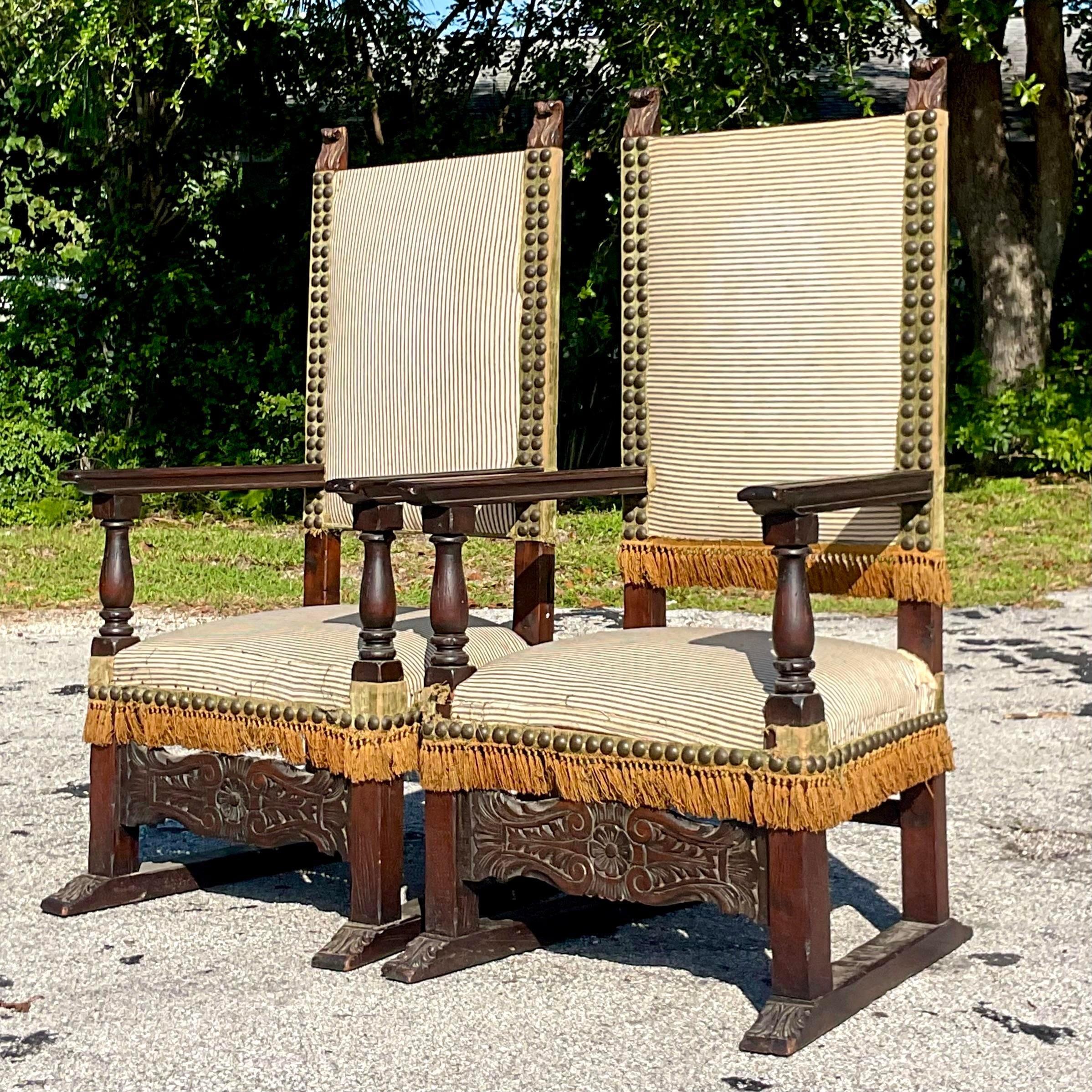 Vintage Boho Carved Spanish Ticking Stripe Chairs - a Pair 6