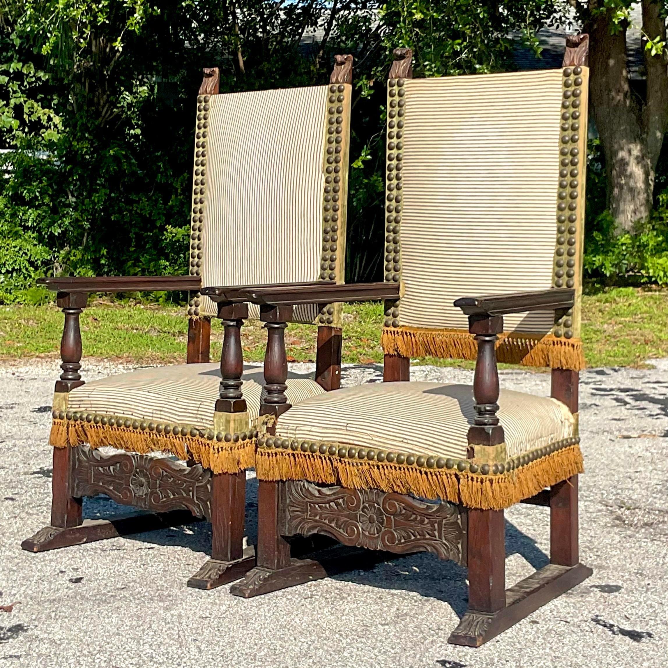Vintage Boho Carved Spanish Ticking Stripe Chairs - a Pair 8
