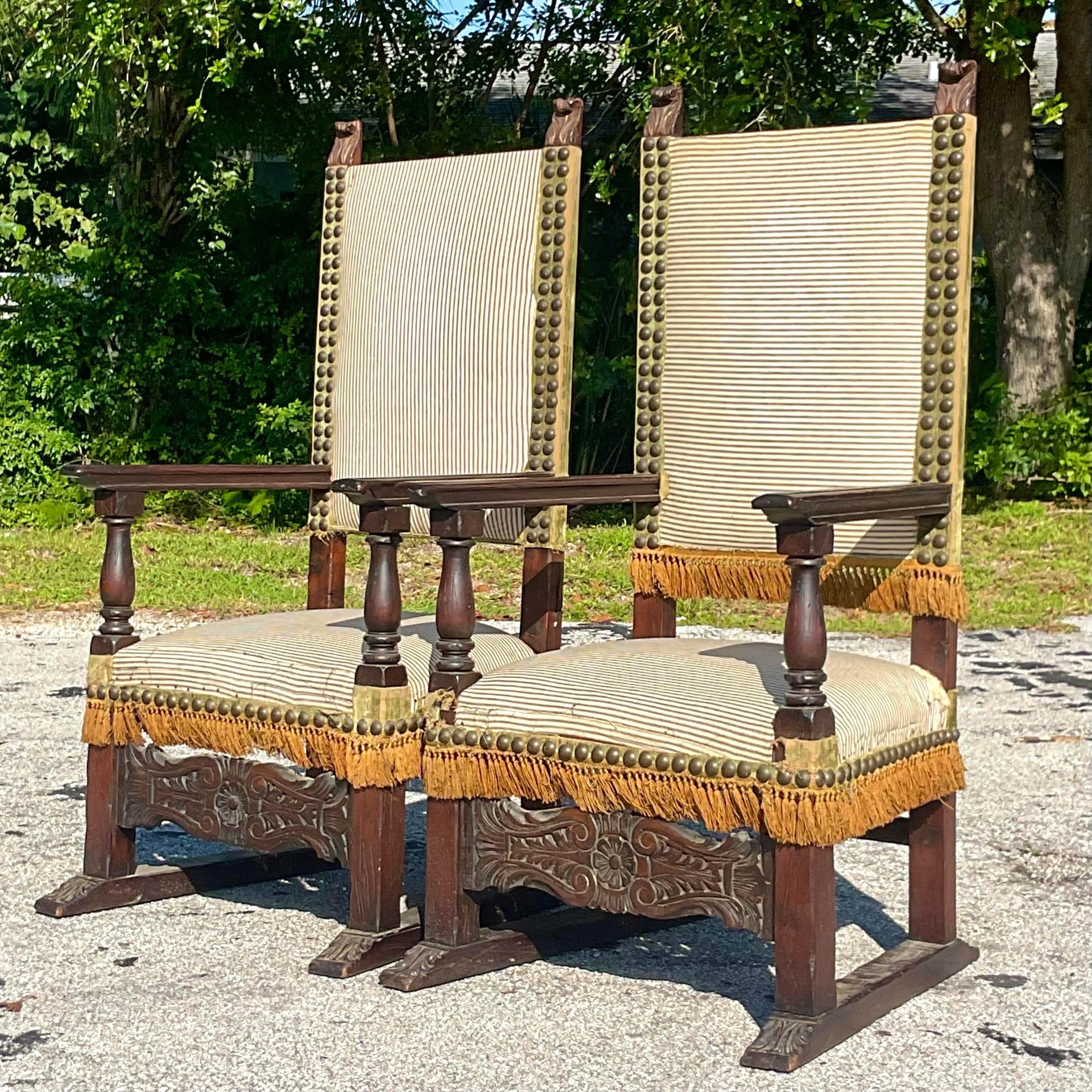 Vintage Boho Carved Spanish Ticking Stripe Chairs - a Pair In Good Condition In west palm beach, FL