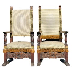 Vintage Boho Carved Spanish Ticking Stripe Chairs - a Pair