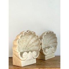 Vintage Boho Carved Stone Clam Shell Fonts - A Pair