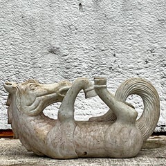 Vintage Boho Carved Stone Horse on Ground Sculpture