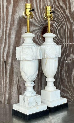 Vintage Boho Carved Stone Leaf Lamps - a Pair