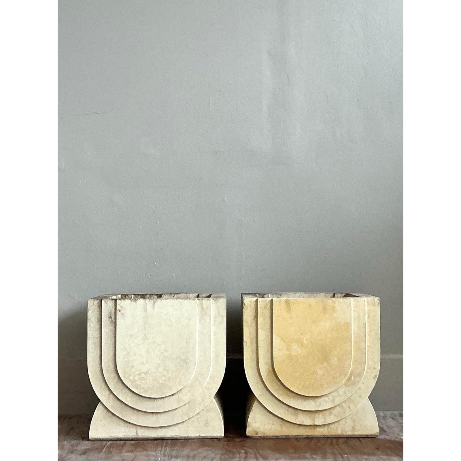American Vintage Boho Carved Stone Planters - A Pair For Sale