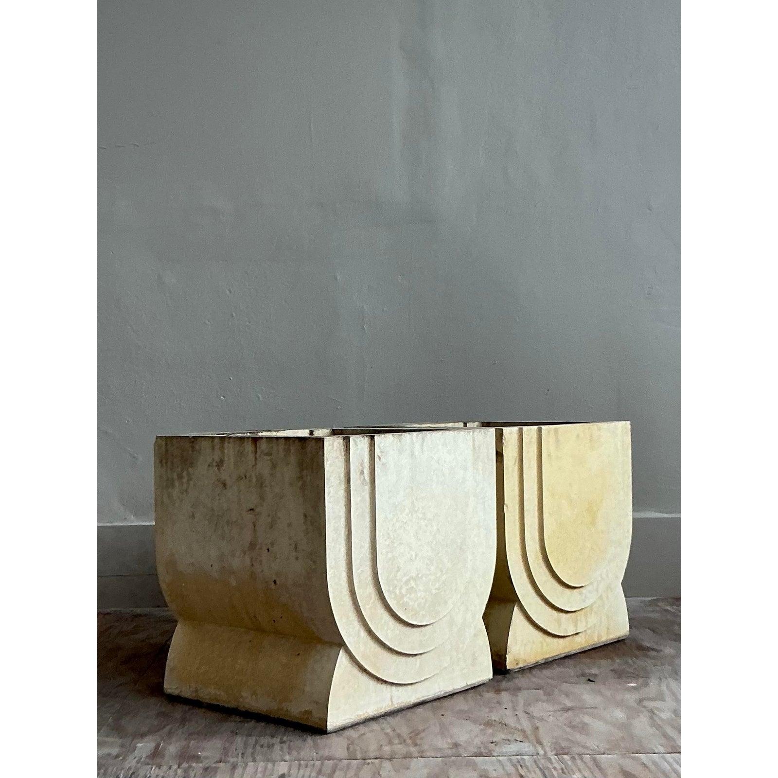 Vintage Boho Carved Stone Planters - A Pair In Good Condition For Sale In West Palm Beach, FL
