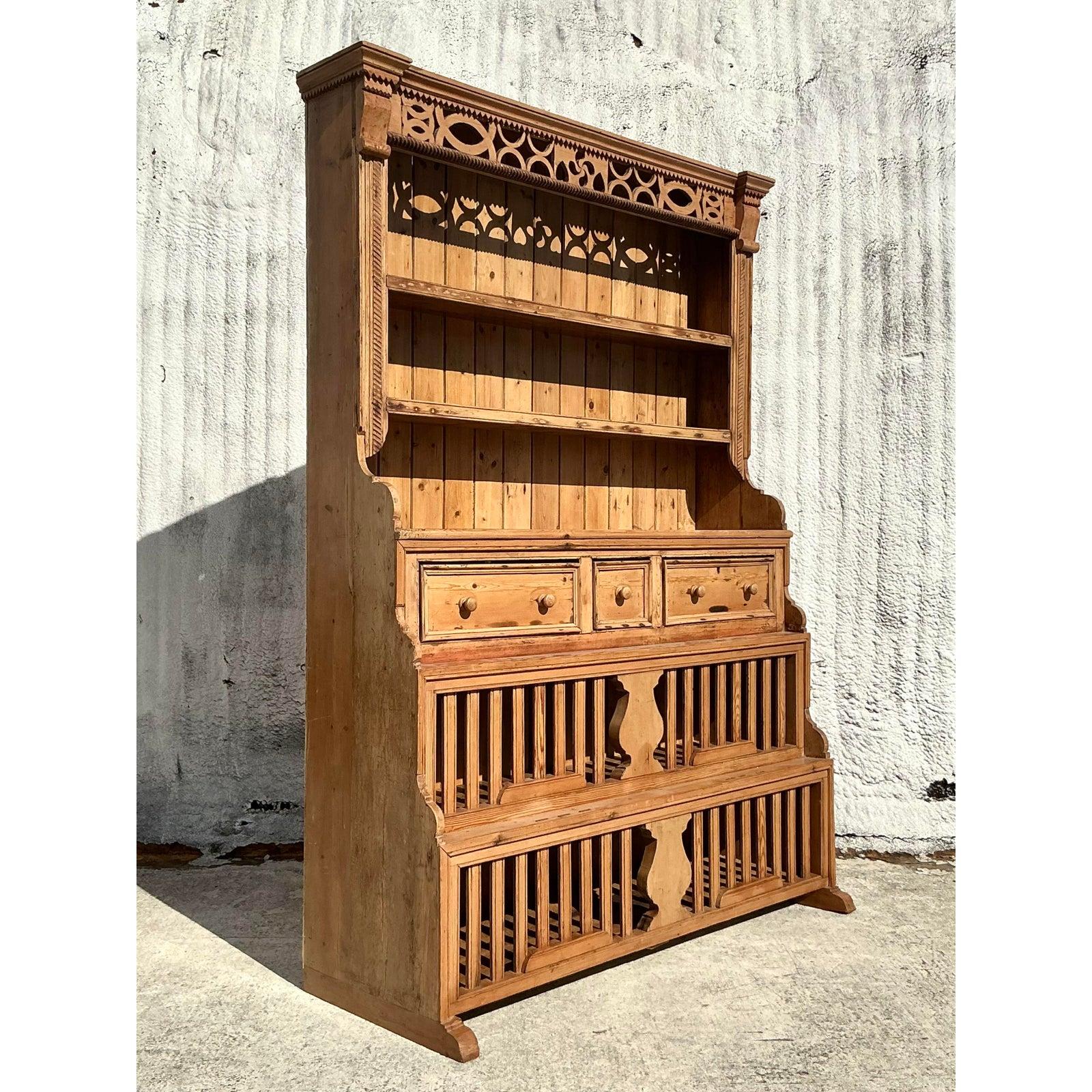American Vintage Boho Carved Storage Hutch For Sale