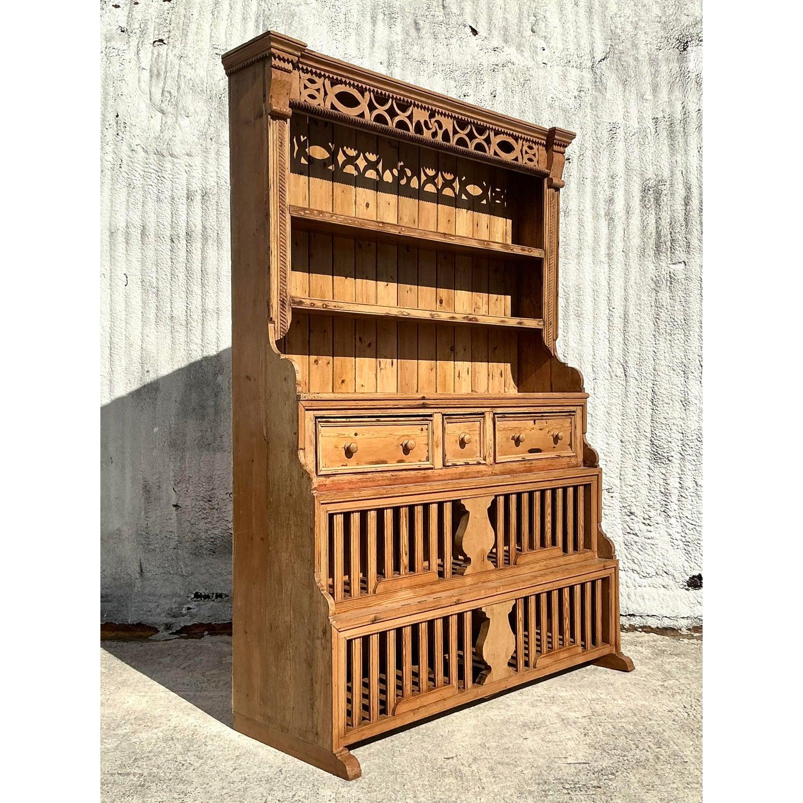 Vintage Boho Carved Storage Hutch In Good Condition For Sale In West Palm Beach, FL