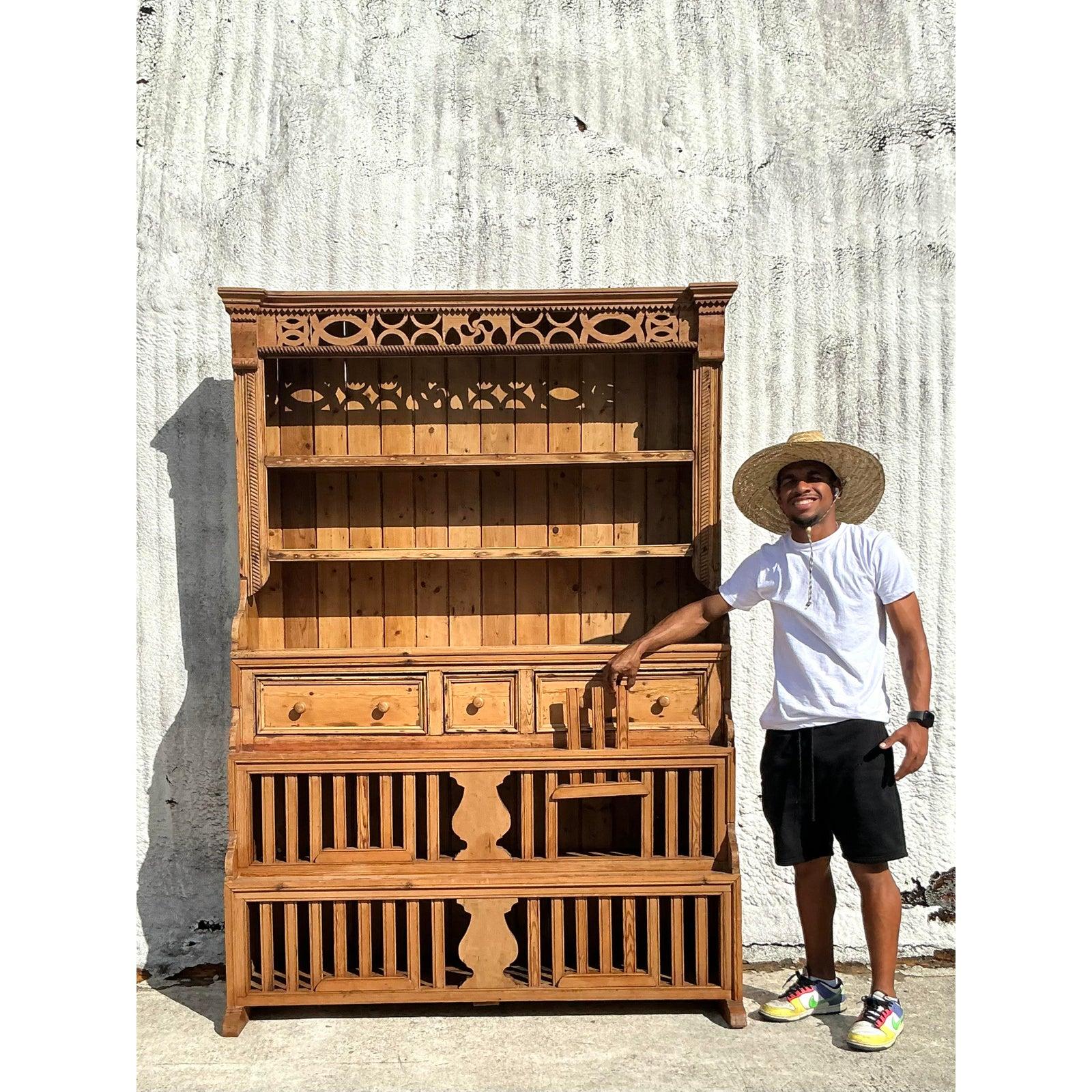 20th Century Vintage Boho Carved Storage Hutch For Sale
