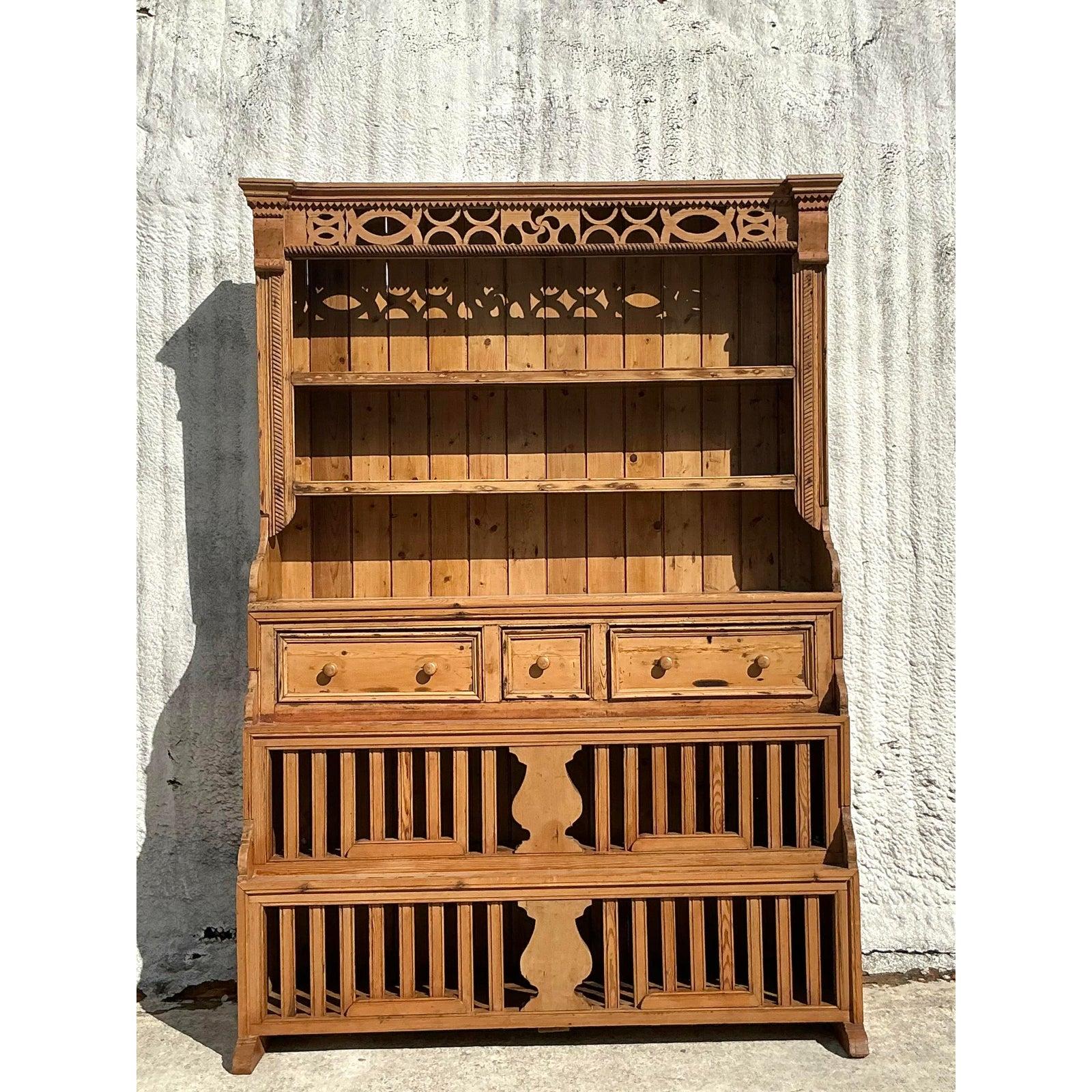 Pine Vintage Boho Carved Storage Hutch For Sale