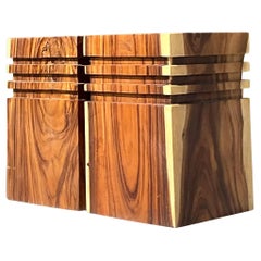 Vintage Boho Carved Stripes Wood Low Stools - a Pair