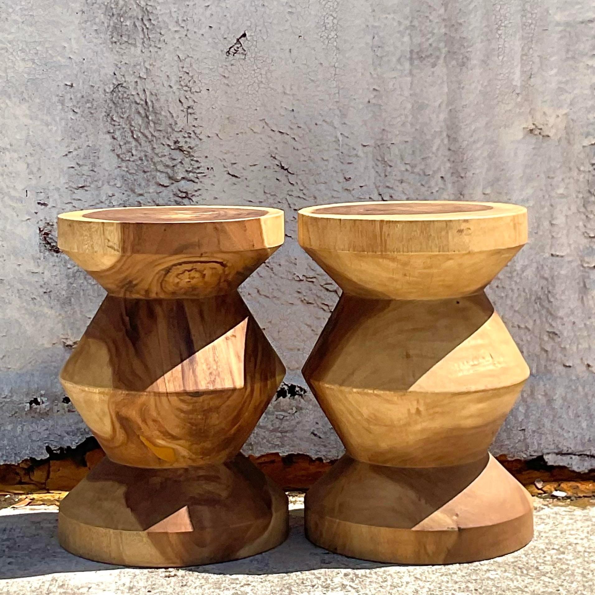Philippine Vintage Boho Carved Stump Low Stool - a Pair For Sale