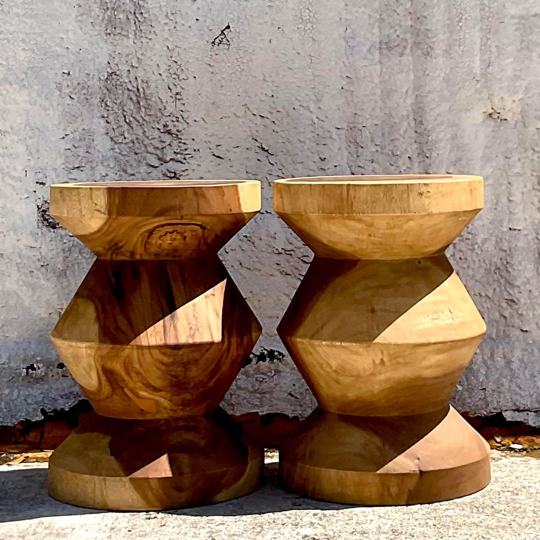 Vintage Boho Carved Stump Low Stool - a Pair In Good Condition For Sale In west palm beach, FL