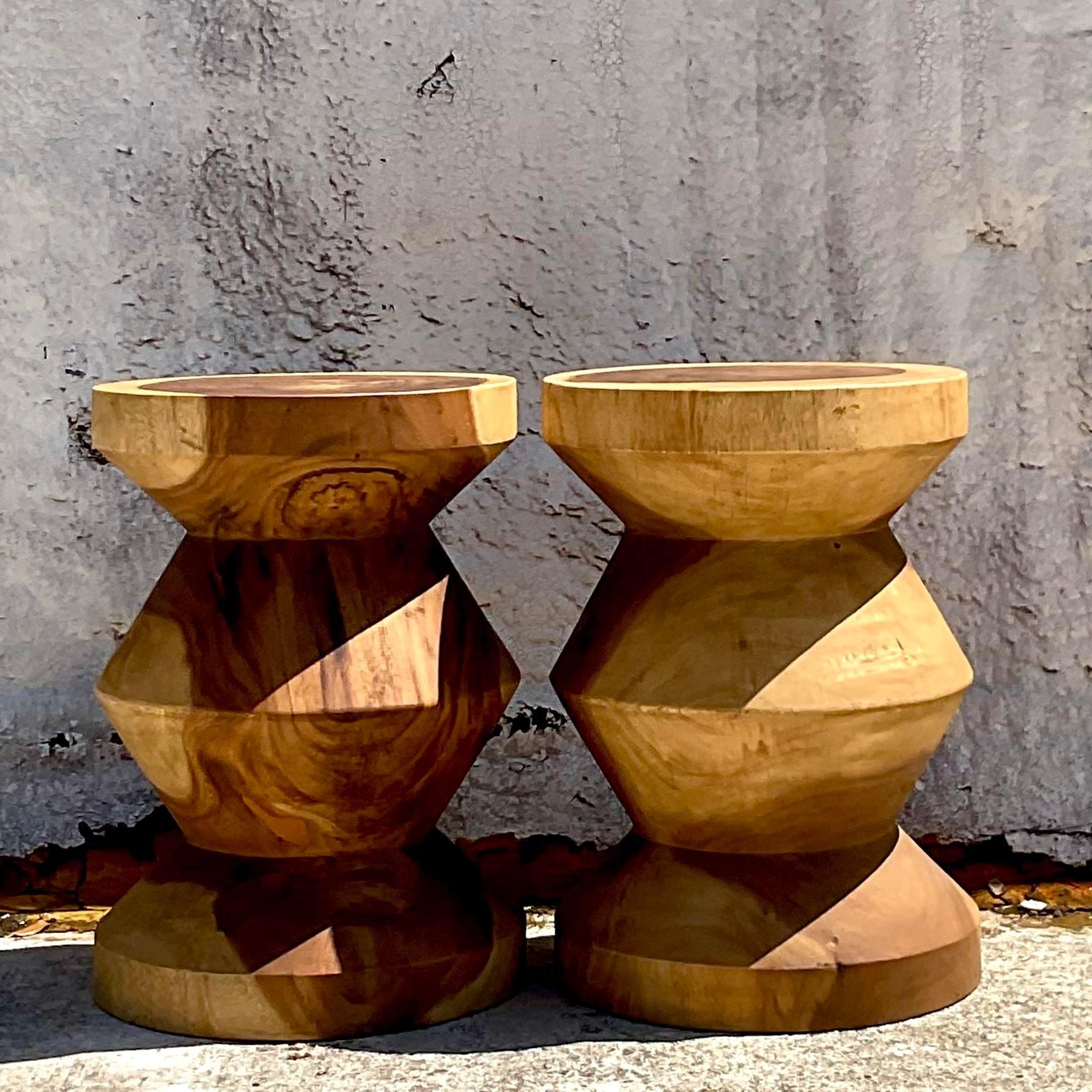Contemporary Vintage Boho Carved Stump Low Stool - a Pair For Sale