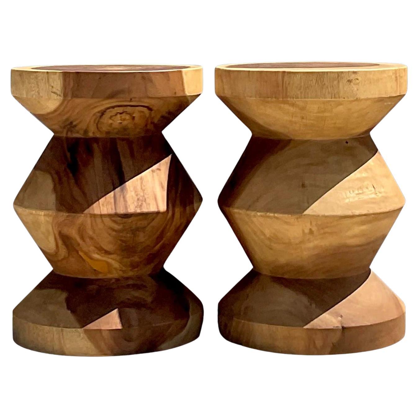 Vintage Boho Carved Stump Low Stool - a Pair For Sale