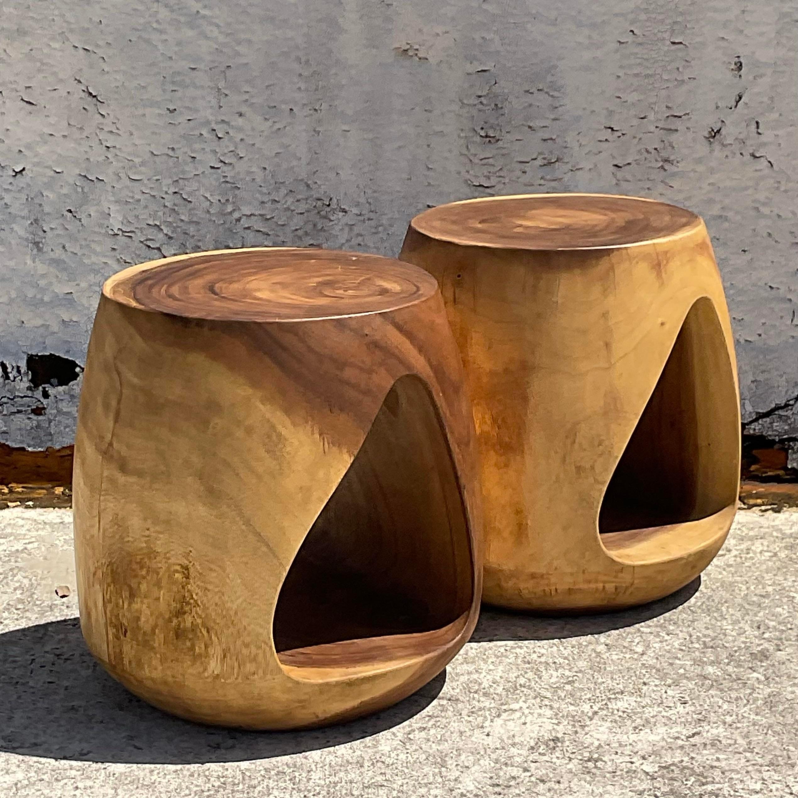 Philippine Vintage Boho Carved Stump Low Stools - a Pair For Sale