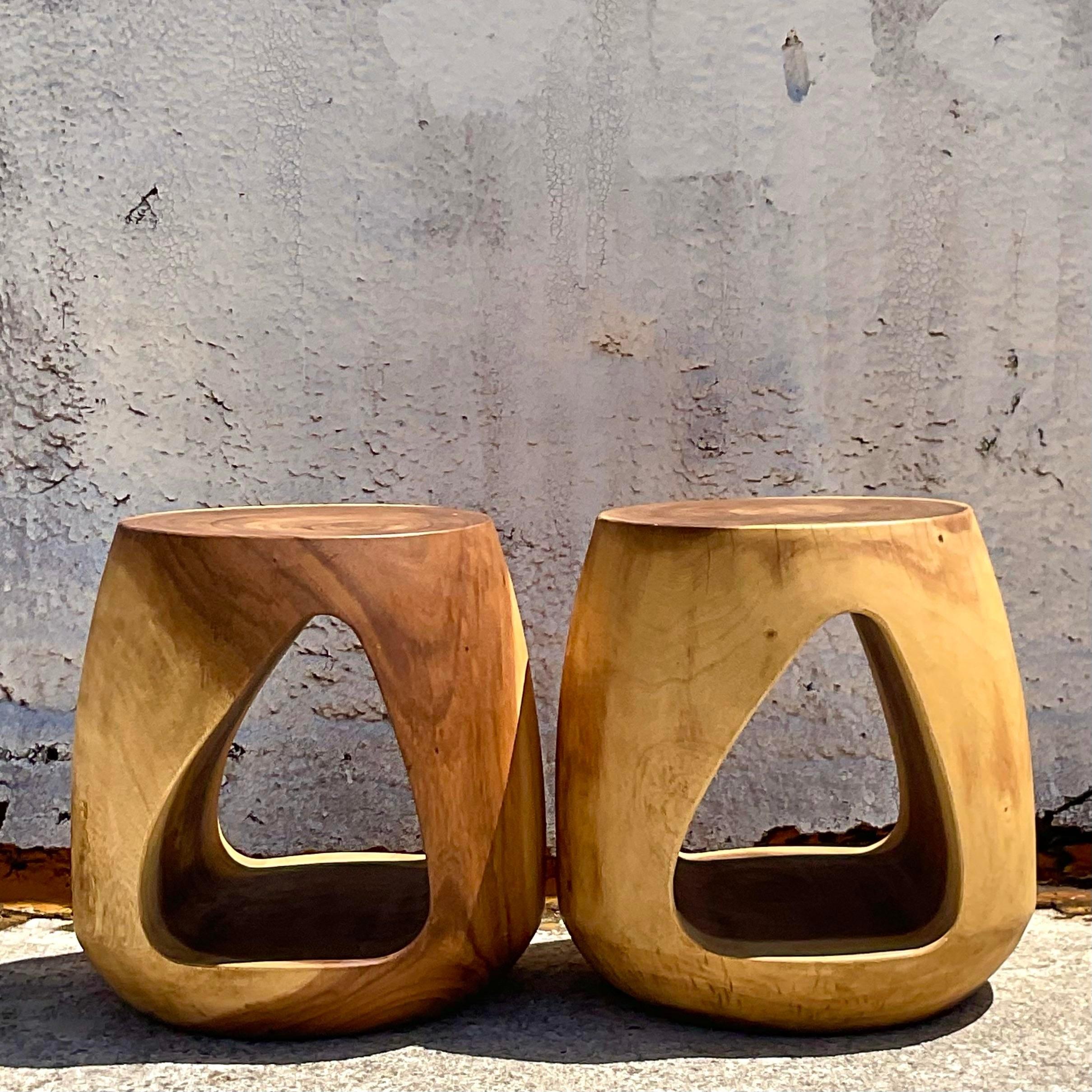 Vintage Boho Carved Stump Low Stools - a Pair In Good Condition For Sale In west palm beach, FL