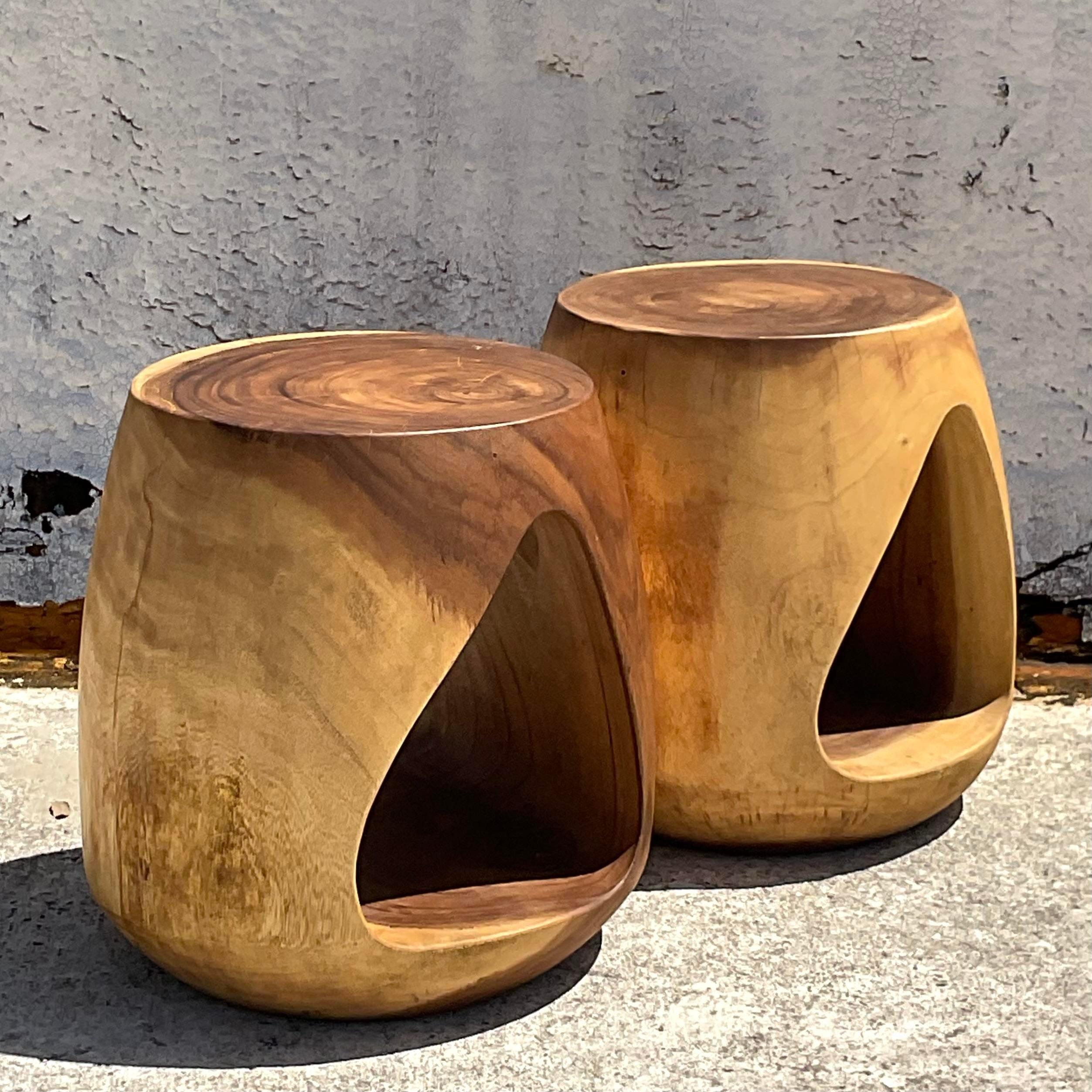 Contemporary Vintage Boho Carved Stump Low Stools - a Pair For Sale