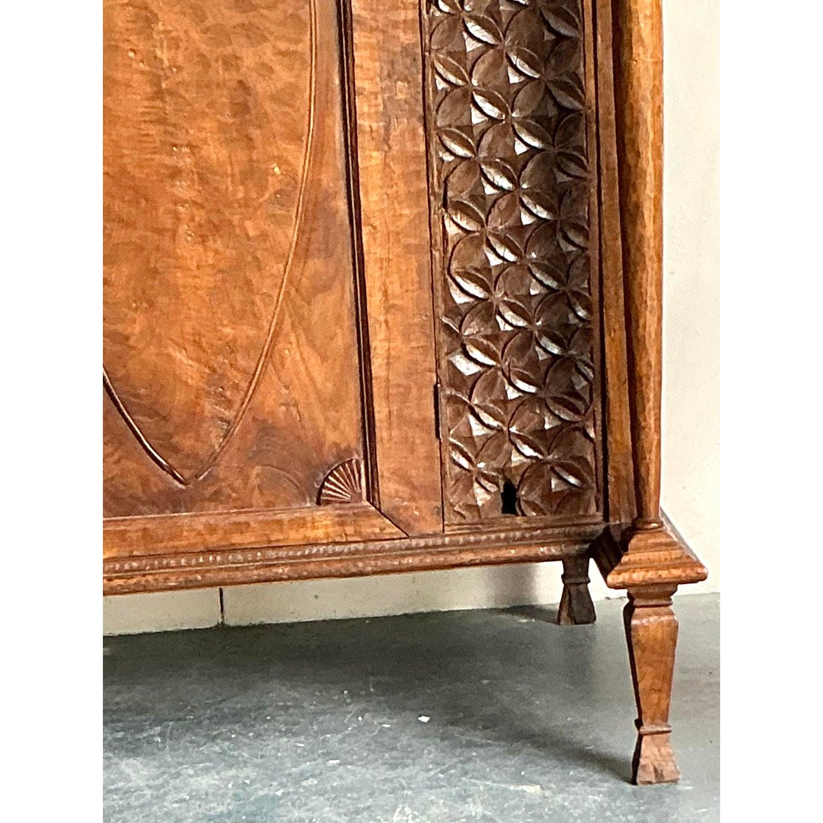 Vintage Boho Carved Teak Cabinet For Sale 4