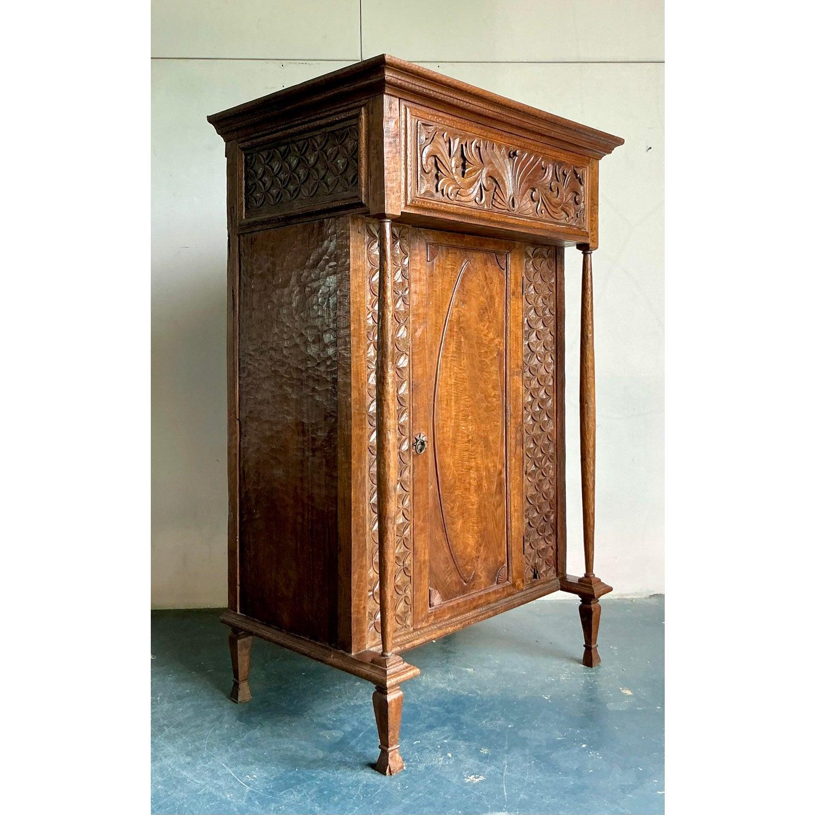 Vintage Boho Carved Teak Cabinet For Sale 5