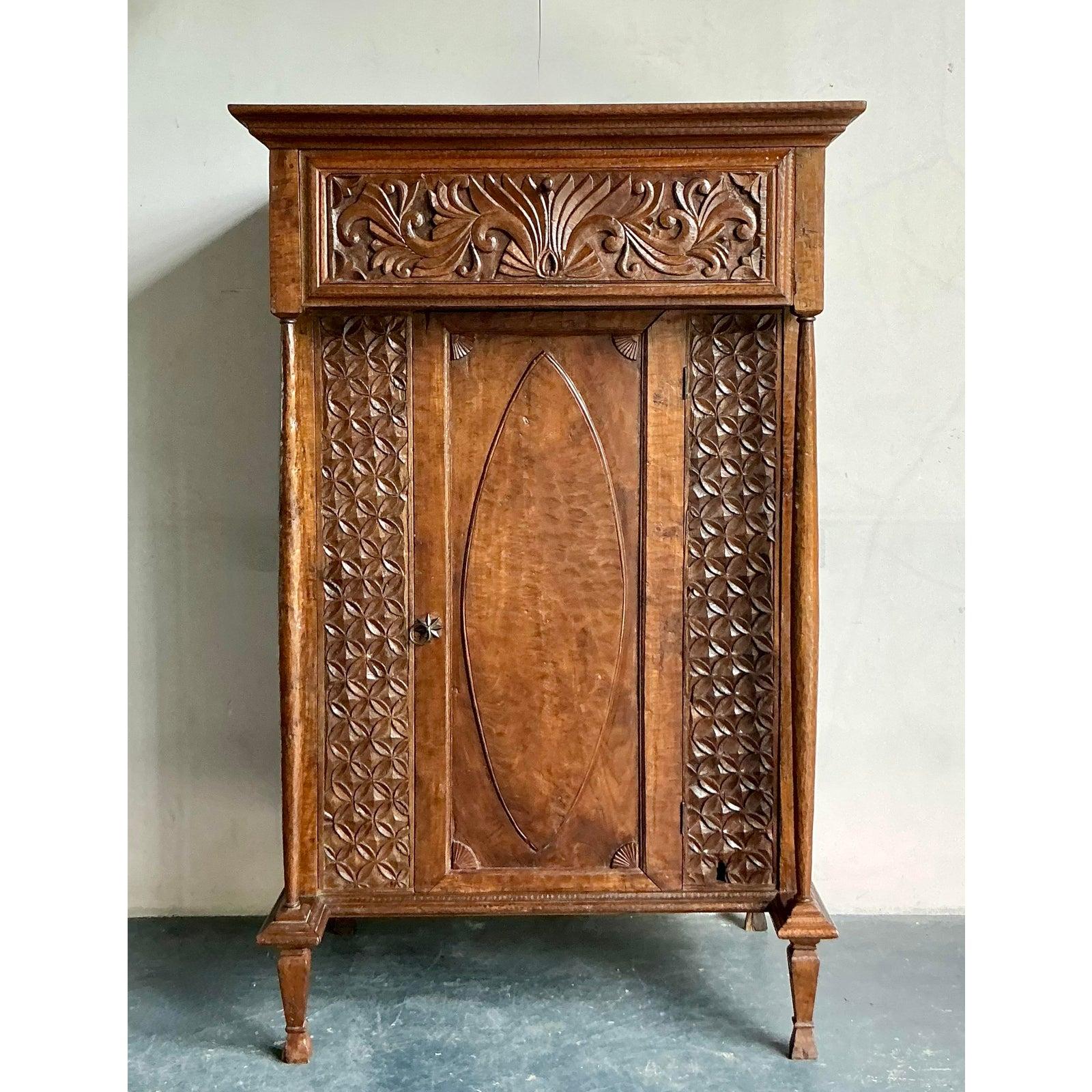 Vintage Boho Carved Teak Cabinet For Sale 6