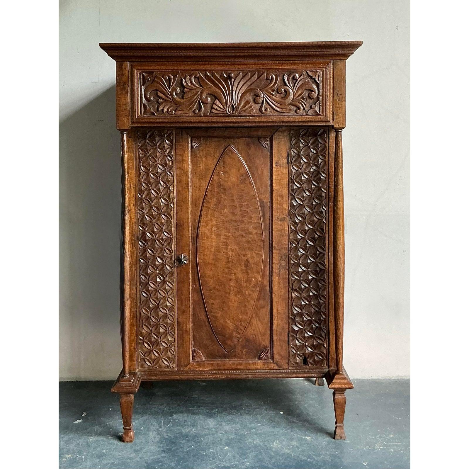 Rustic Vintage Boho Carved Teak Cabinet For Sale