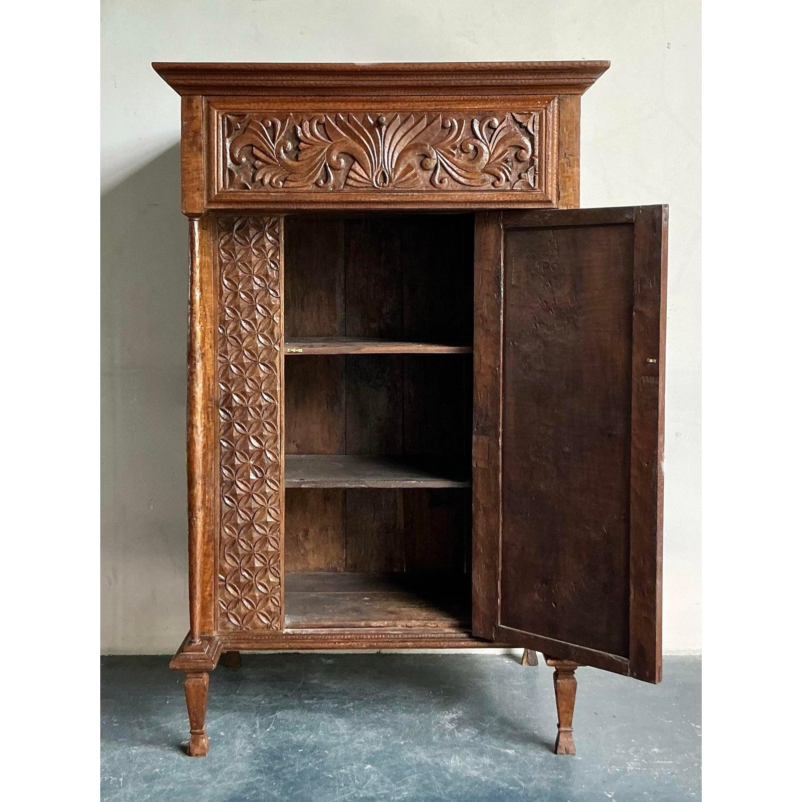 Vintage Boho Carved Teak Cabinet In Good Condition For Sale In West Palm Beach, FL