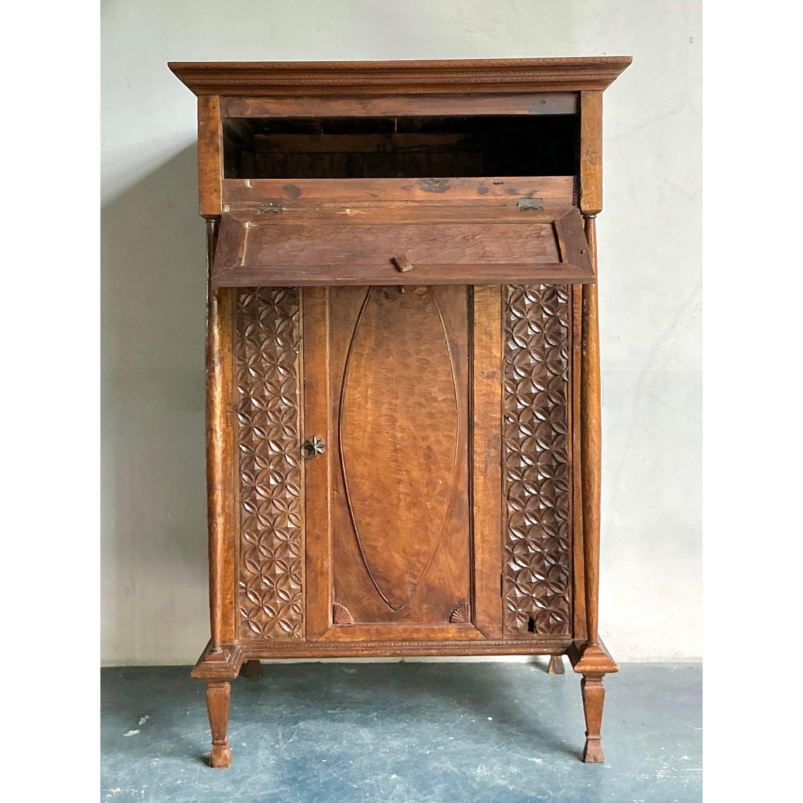 20th Century Vintage Boho Carved Teak Cabinet For Sale