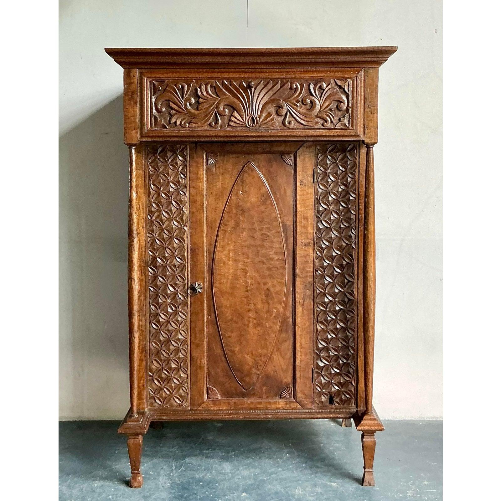 Vintage Boho Carved Teak Cabinet For Sale 1
