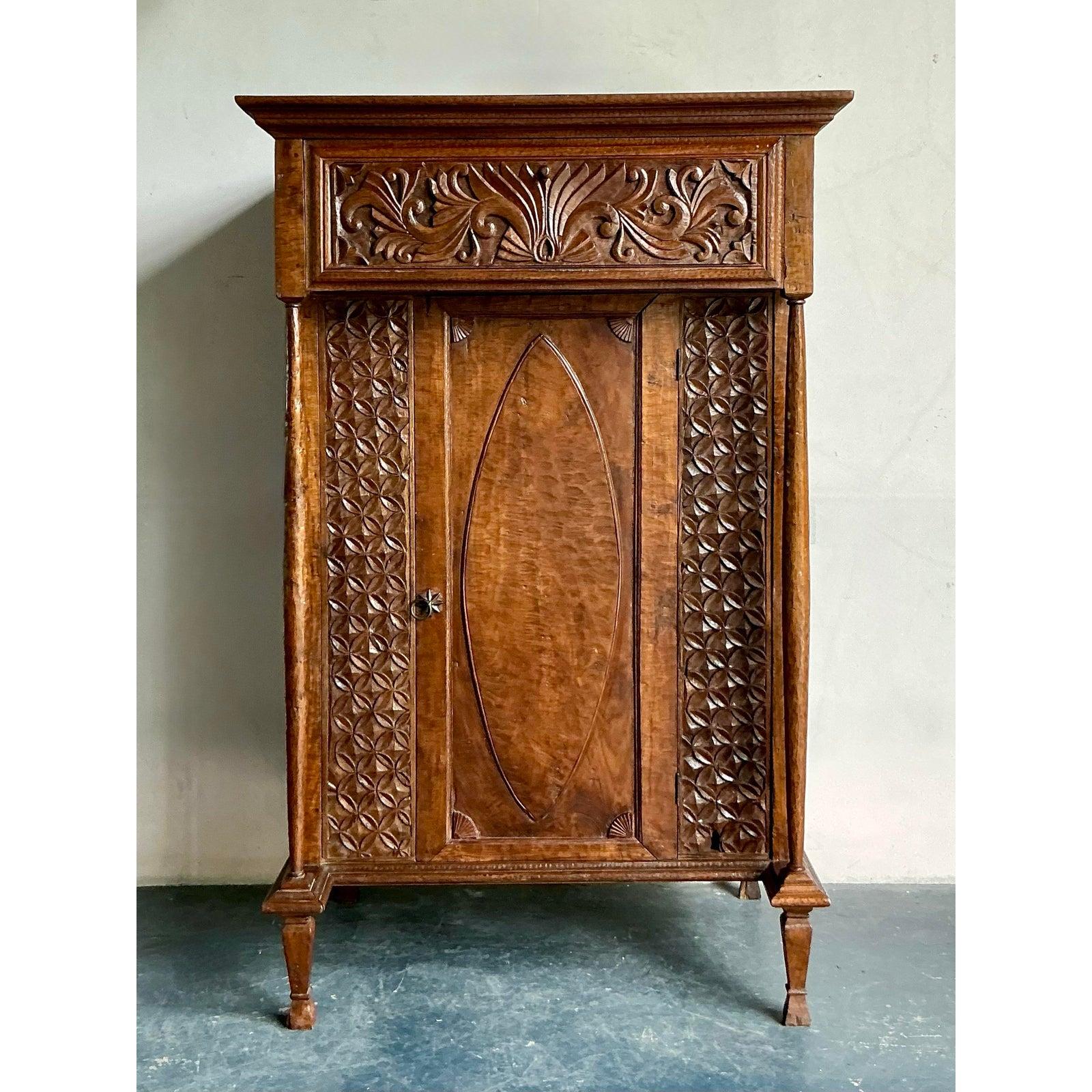 Vintage Boho Carved Teak Cabinet For Sale 2