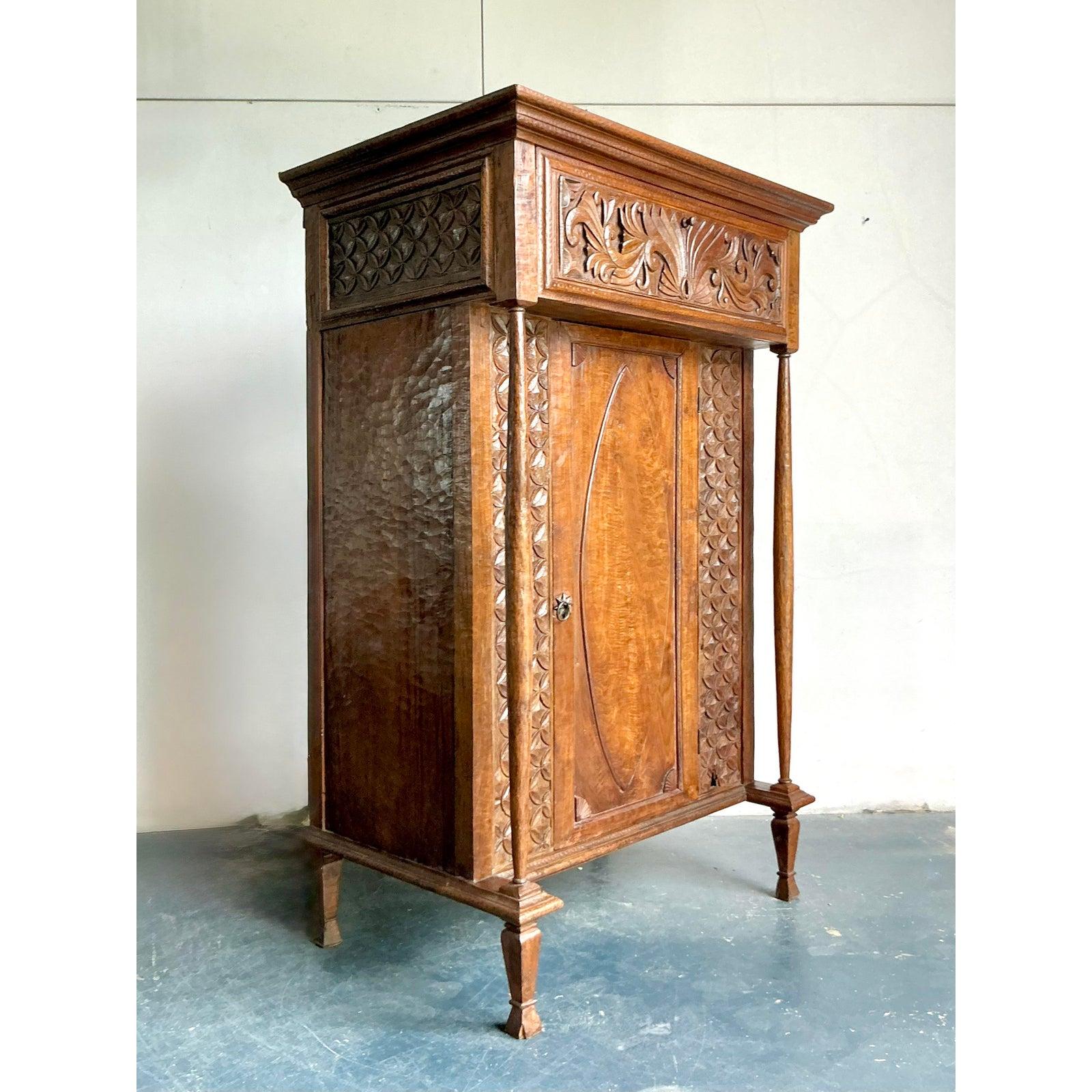 Vintage Boho Carved Teak Cabinet For Sale 3