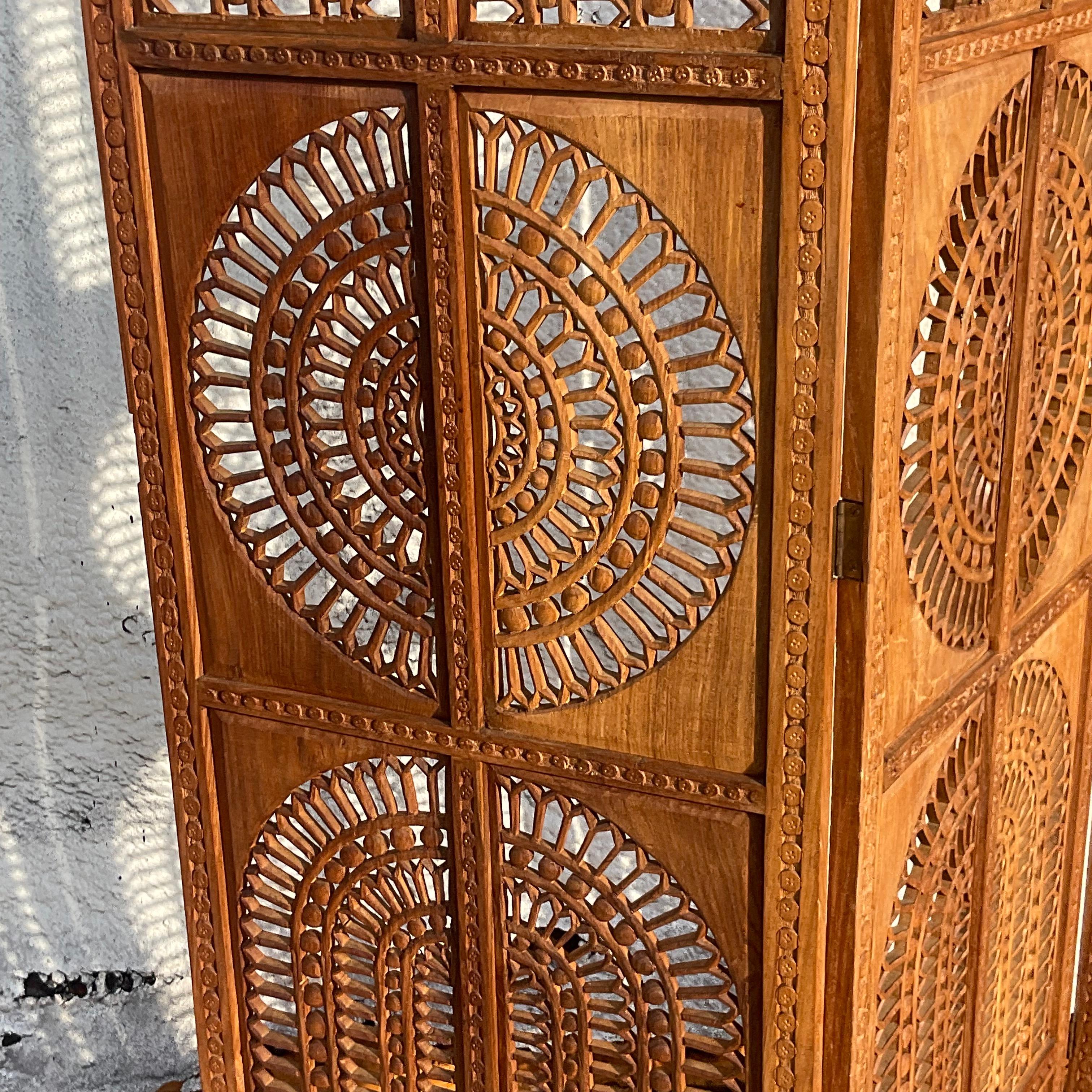 Vintage Boho Carved Teak Folding Screen In Good Condition For Sale In west palm beach, FL