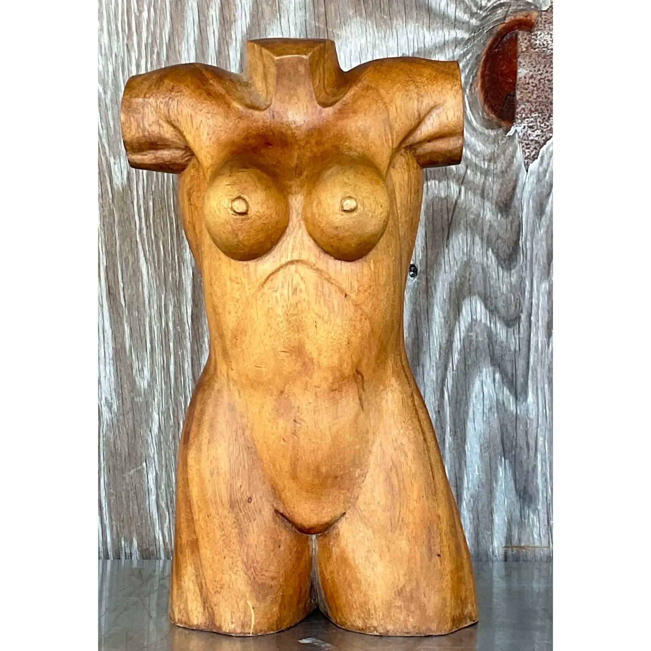 20th Century Vintage Boho Carved Torso of Woman For Sale