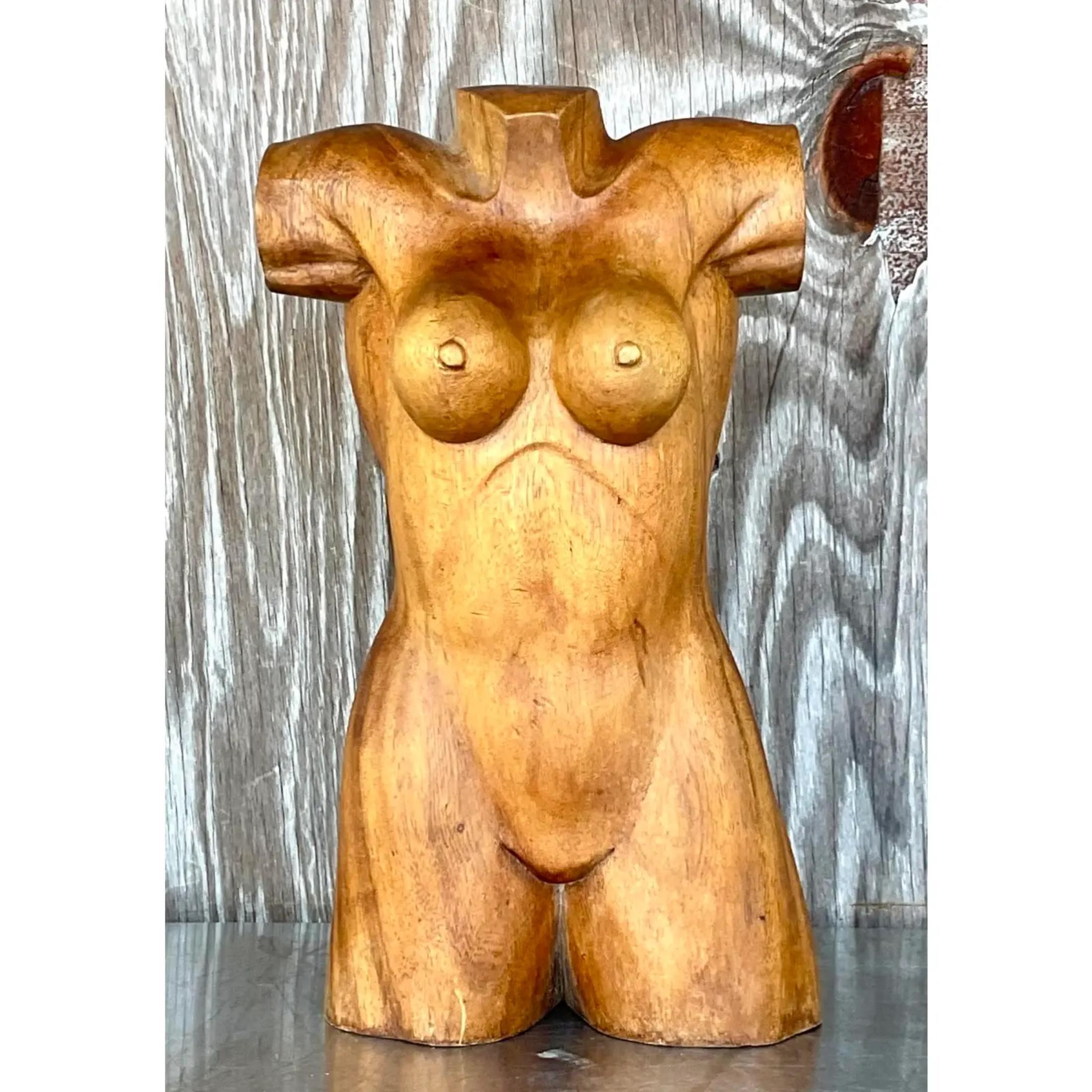 Wood Vintage Boho Carved Torso of Woman For Sale
