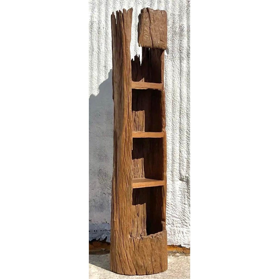 Vintage Boho Carved Tree Trunk Etagere In Good Condition For Sale In West Palm Beach, FL