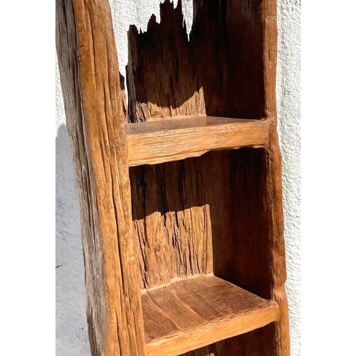 Wood Vintage Boho Carved Tree Trunk Etagere For Sale