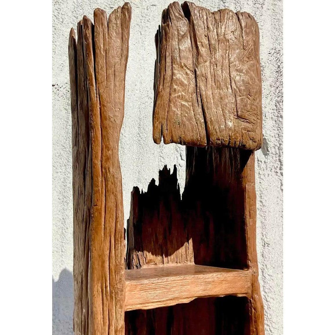 Vintage Boho Carved Tree Trunk Etagere For Sale 1