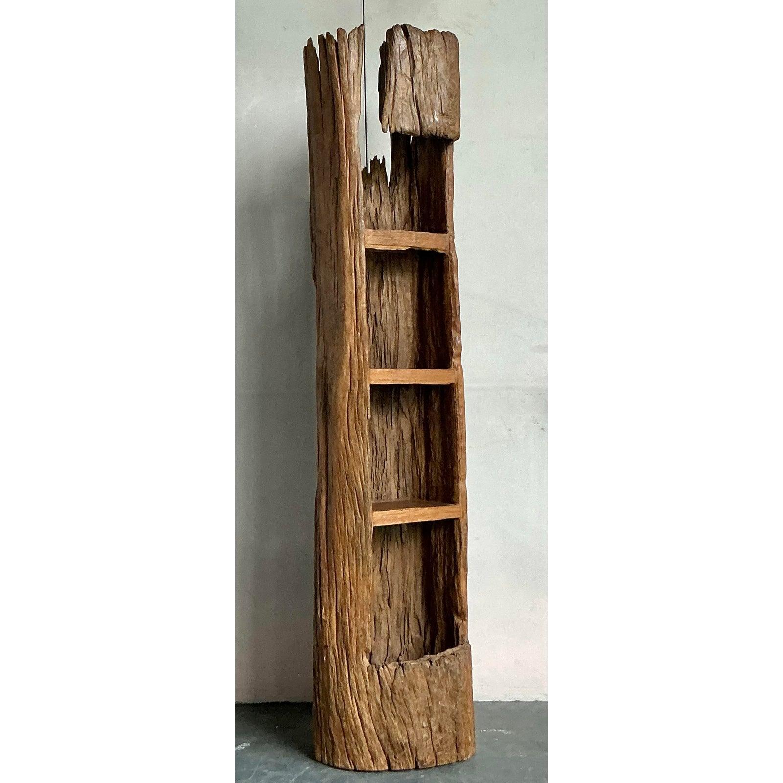 Vintage Boho Carved Tree Trunk Etagere For Sale 2