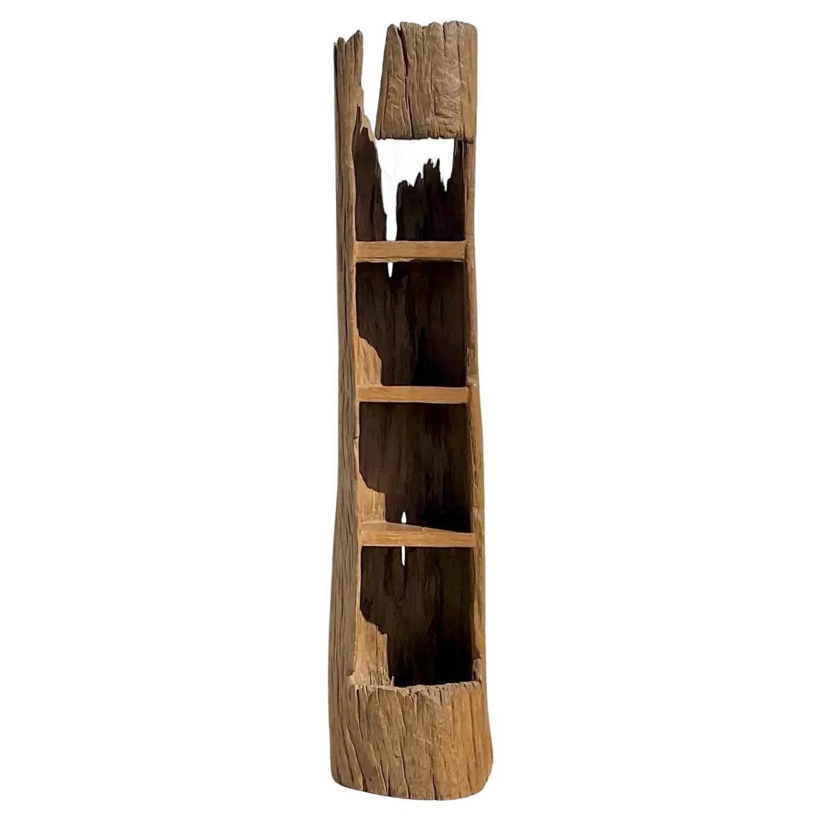 Vintage Boho Carved Tree Trunk Etagere For Sale