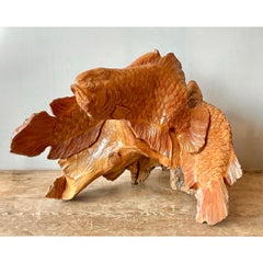 Vintage Boho Carved Trunk Koi Sculpture