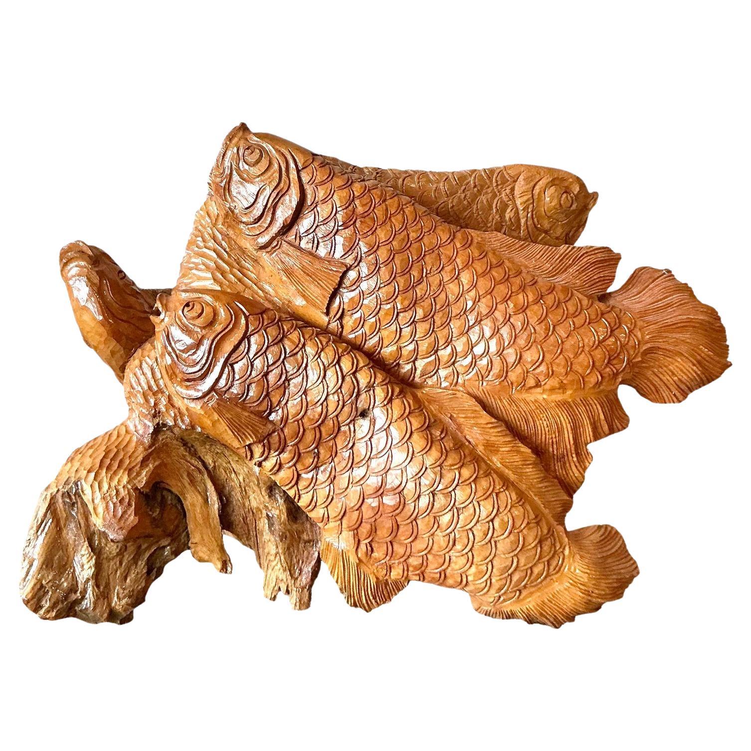 Vintage Boho Carved Trunk Koi Sculpture