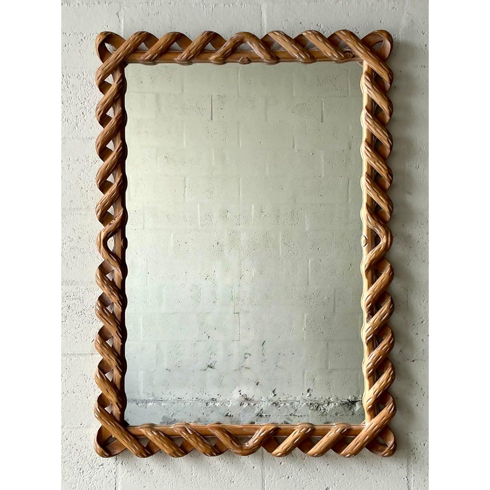 Rustico Specchio vintage Boho intagliato a tortiglione in vendita
