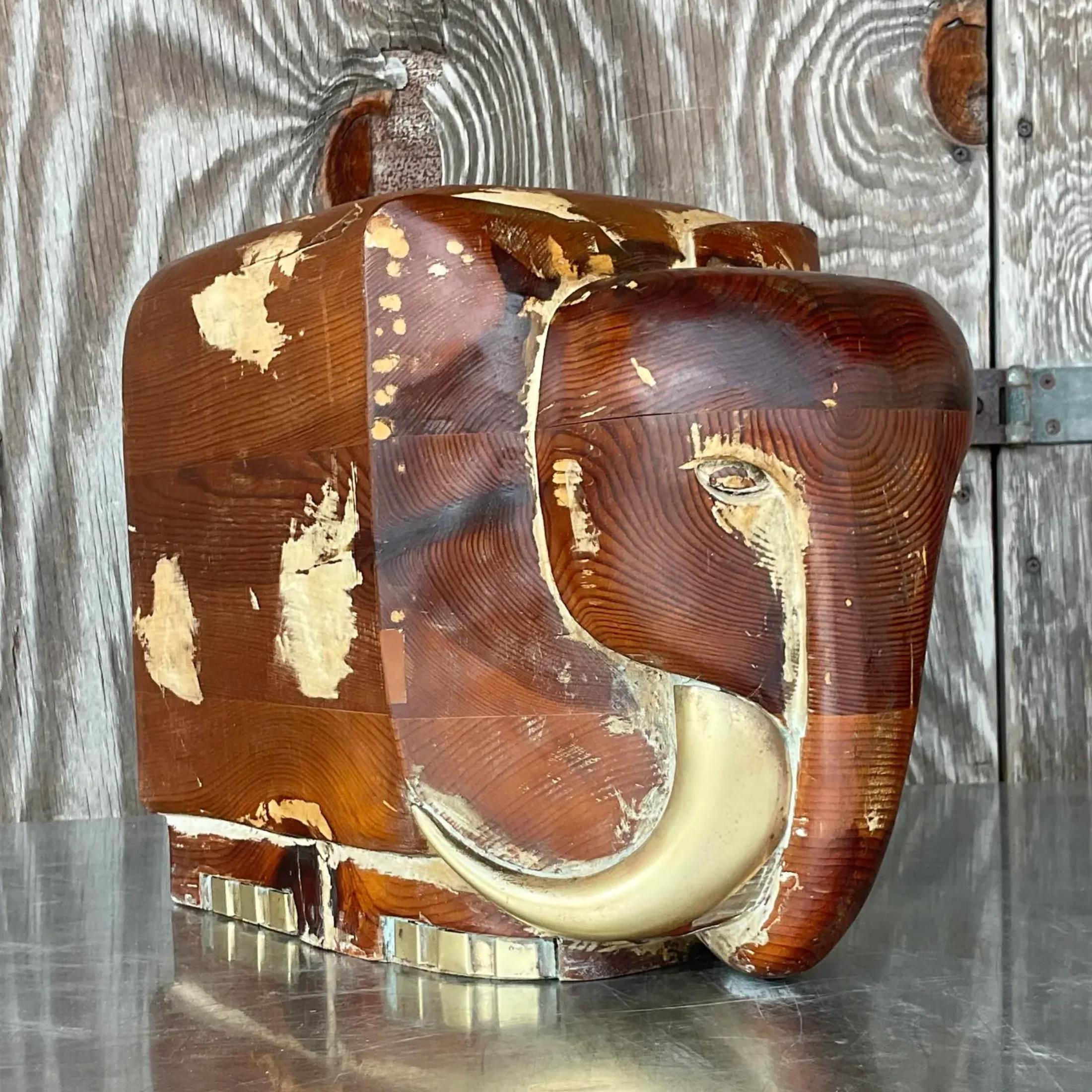 Vintage Boho Carved Wood and Brass Elephant For Sale 1