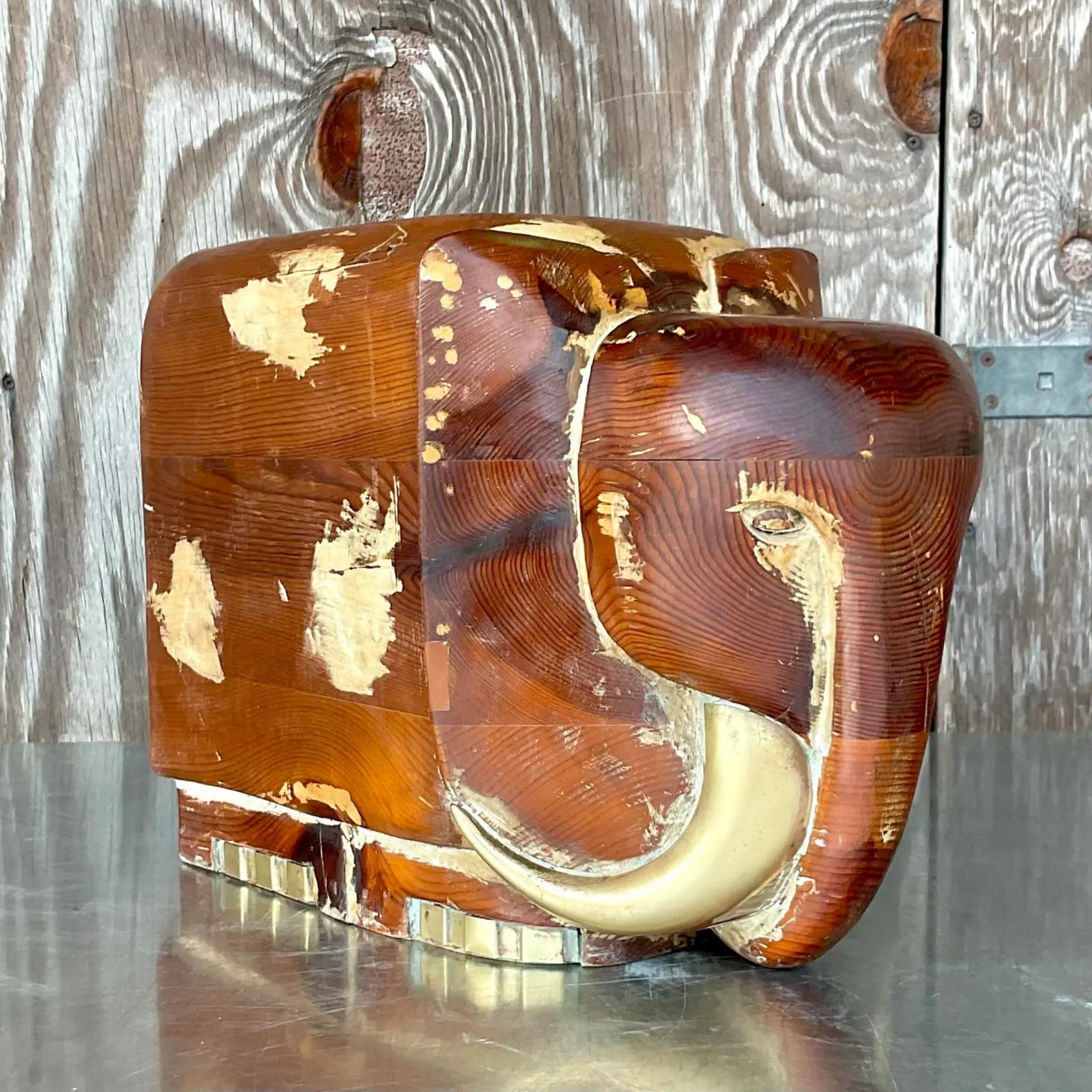 Vintage Boho Carved Wood and Brass Elephant For Sale 2