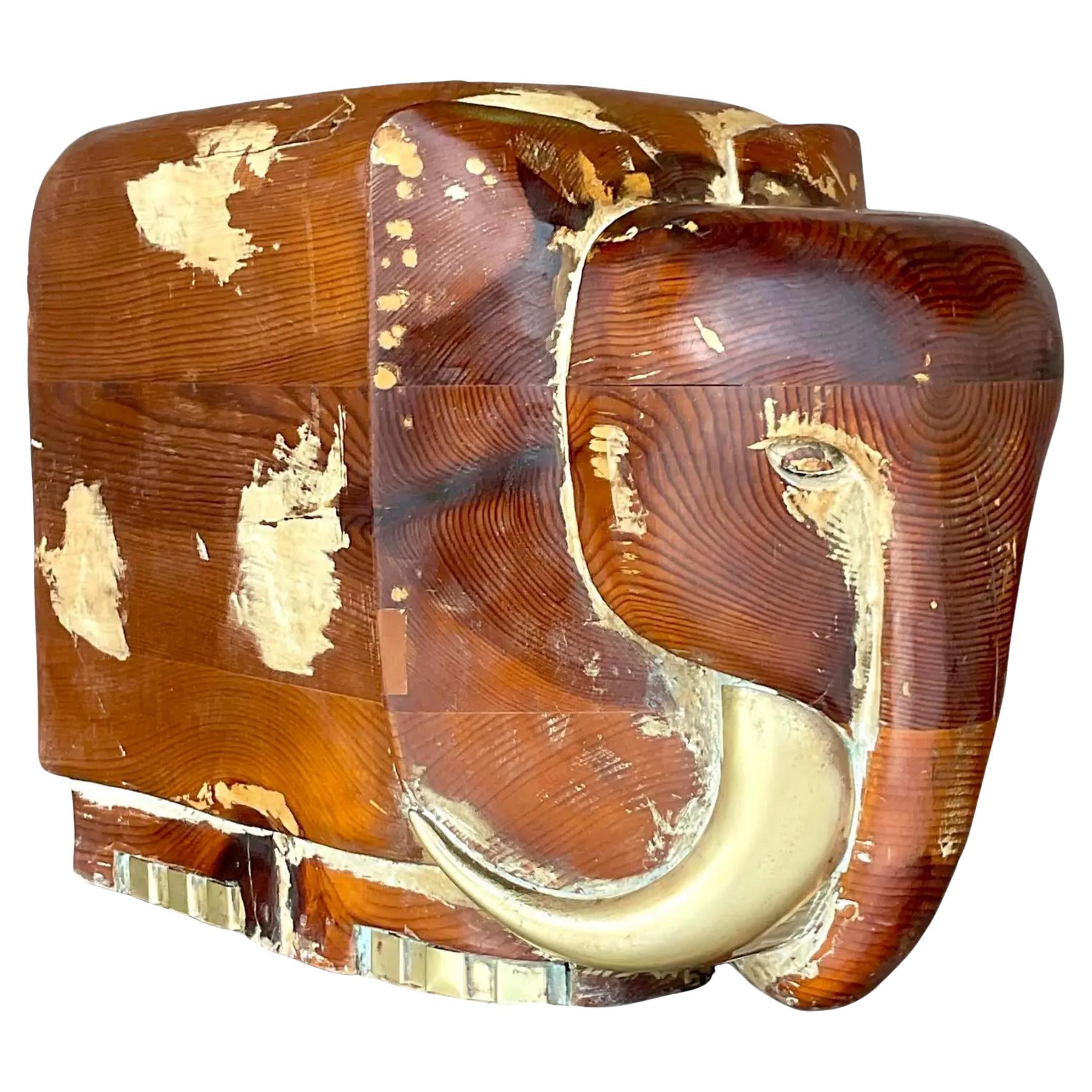 Vintage Boho Carved Wood and Brass Elephant For Sale