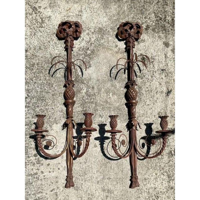 American Vintage Boho Carved Wood Candle Sconces - A Pair For Sale