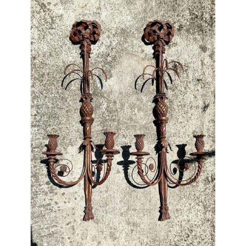 20th Century Vintage Boho Carved Wood Candle Sconces - A Pair For Sale