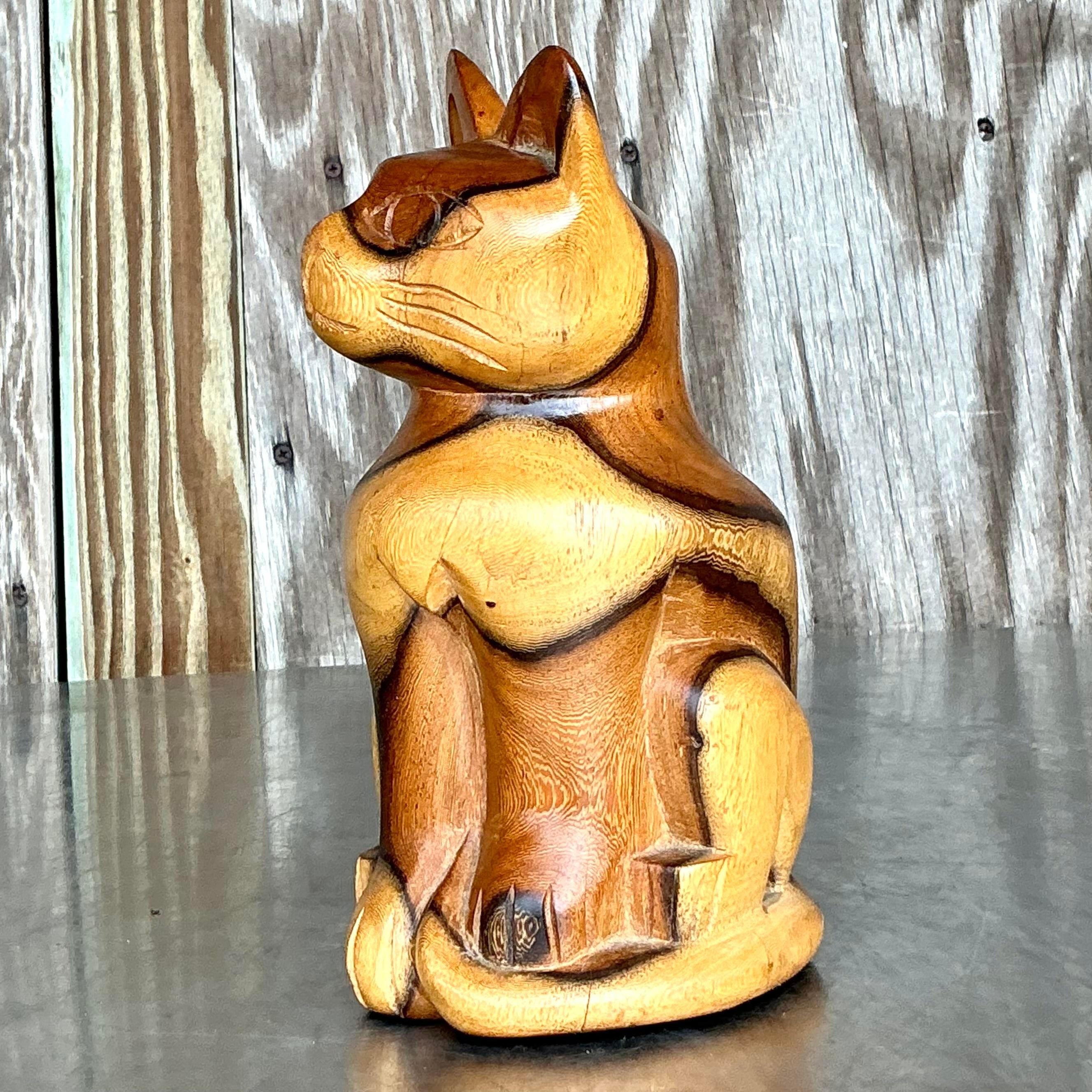 Rustic Vintage Boho Carved Wood Cat For Sale