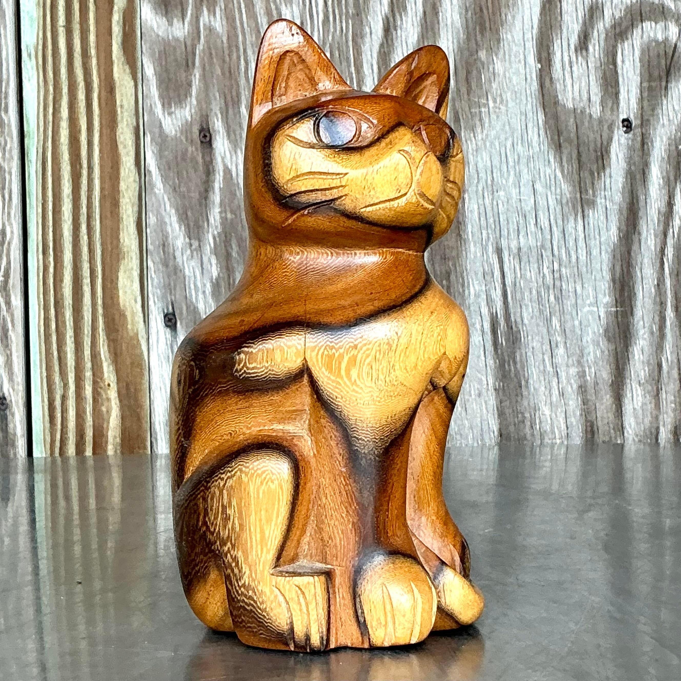 American Vintage Boho Carved Wood Cat For Sale