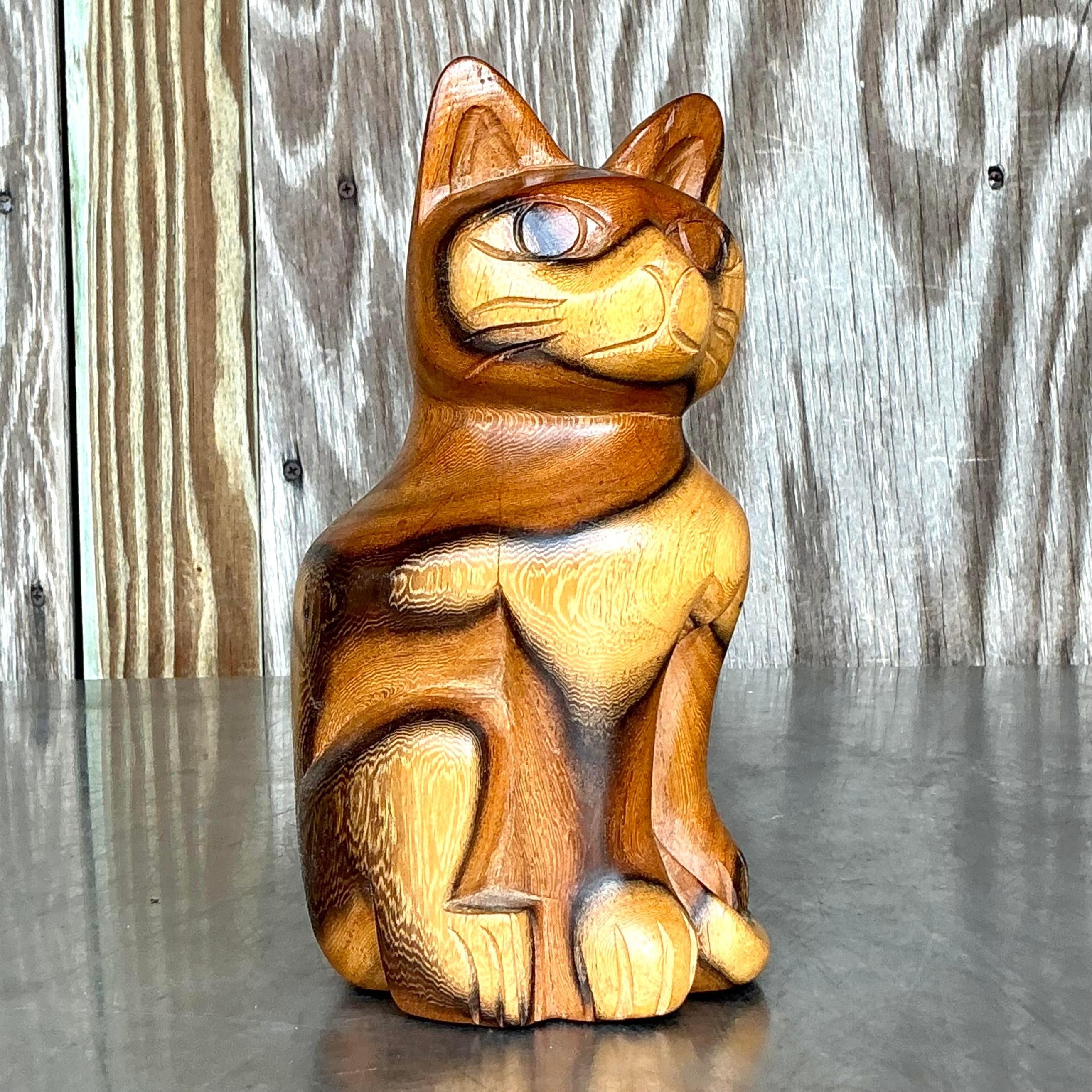 Vintage Boho Carved Wood Cat In Good Condition For Sale In west palm beach, FL